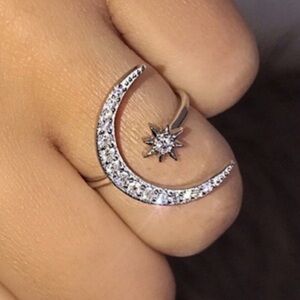 Free People sterling SILVER DIAMOND MOON STAR OPEN RING
